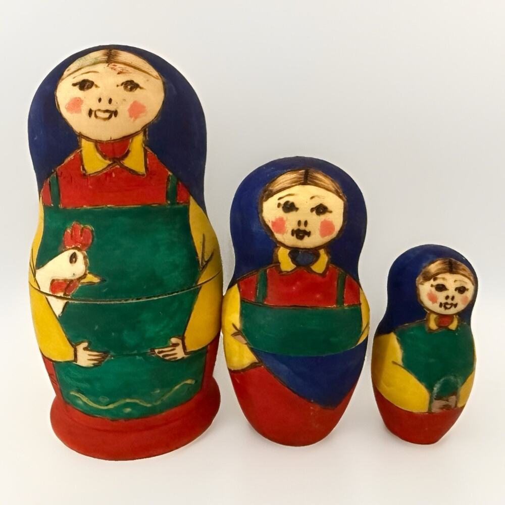 Vintage Russian Matryoshka Nesting Dolls Set of 3 Girl Rooster Folk Art 4.25”